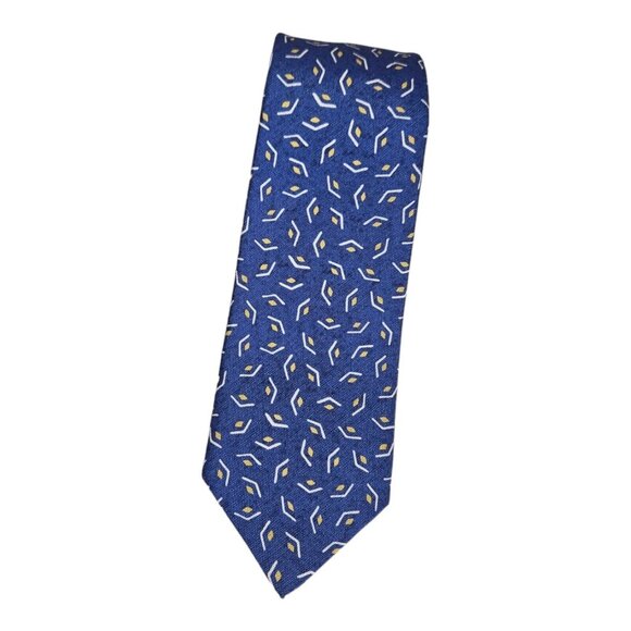 ISAIA 7fold Men's Silk Cotton Necktie LUXURY Tie XL Blue Geometric W:3.5" EUC - Picture 1 of 5